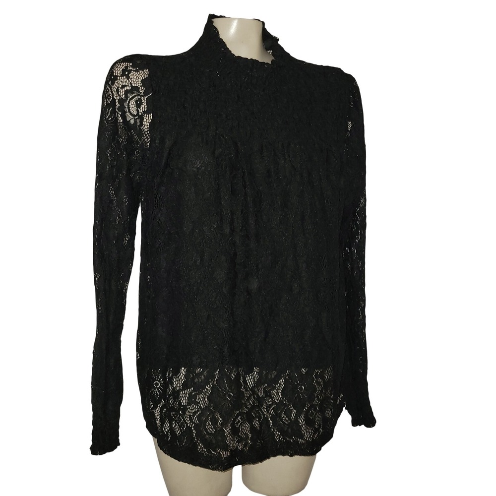 Cable & Gauge Black Lace Mock Neck Long Sleeve Blouse Top L goth feminine sexy